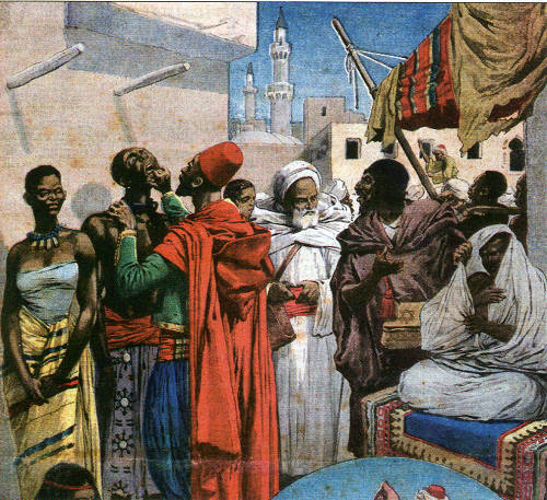 Un trafiquant d'esclaves noir examine sa marchandise