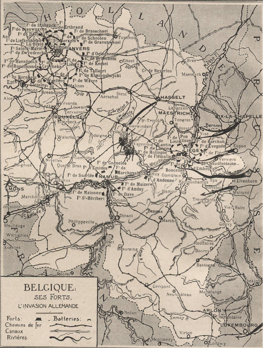 Carte des forts belges et de l'invasion allemande